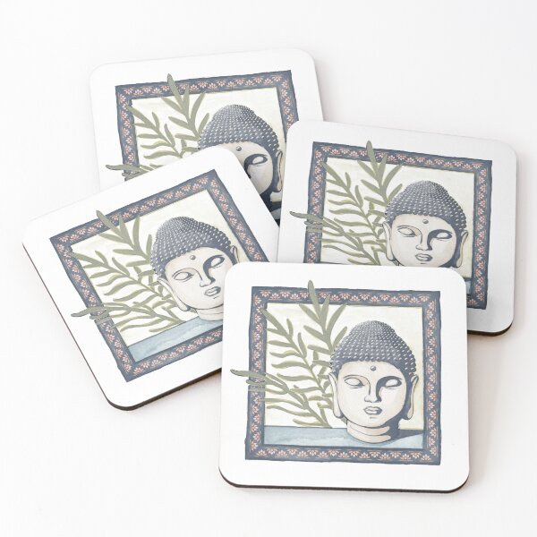Item preview, Buddha Head Statue with Palm Fronds Watercolor - Dusk, Sage, Peacock designed and sold by Irene Estelle.