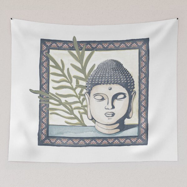 Item preview, Buddha Head Statue with Palm Fronds Watercolor - Dusk, Sage, Peacock designed and sold by Irene Estelle.