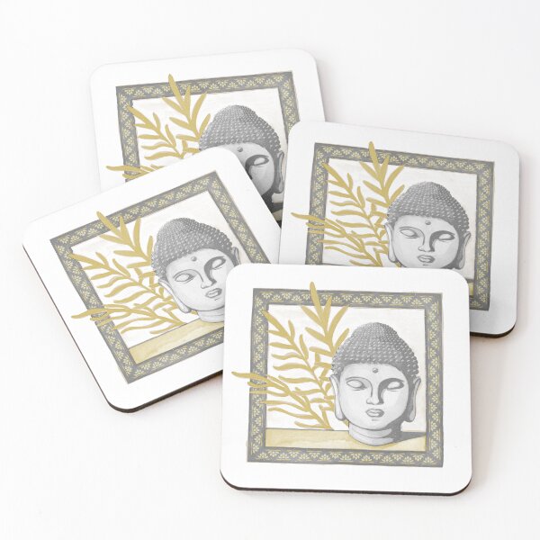 Item preview, Buddha Head Statue with Palm Fronds Watercolor - Slate, Fog, Saffron designed and sold by Irene Estelle.