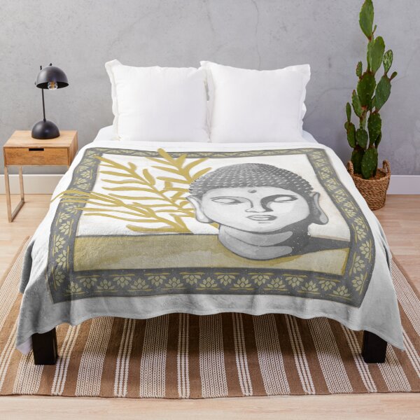 Item preview, Buddha Head Statue with Palm Fronds Watercolor - Slate, Fog, Saffron designed and sold by Irene Estelle.