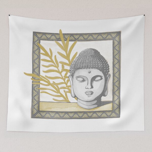 Item preview, Buddha Head Statue with Palm Fronds Watercolor - Slate, Fog, Saffron designed and sold by Irene Estelle.