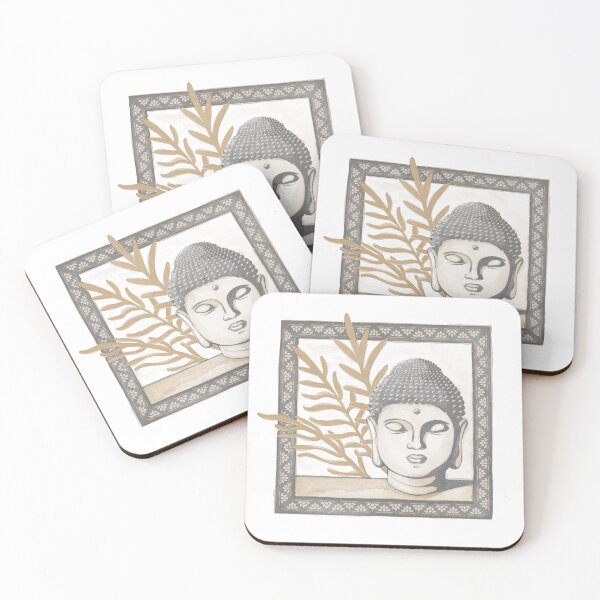 Item preview, Buddha Head Statue with Palm Fronds Watercolor - Slate, Dove, Fawn designed and sold by Irene Estelle.