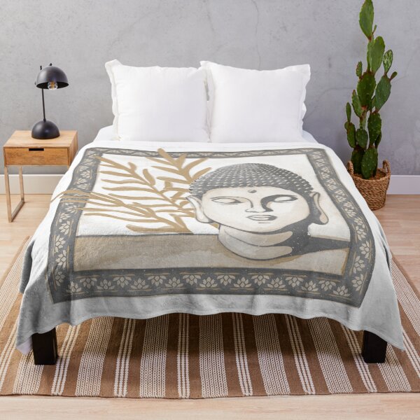 Item preview, Buddha Head Statue with Palm Fronds Watercolor - Slate, Dove, Fawn designed and sold by Irene Estelle.