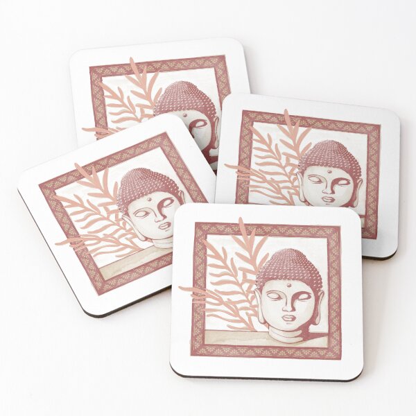 Item preview, Buddha Head Statue with Palm Fronds Watercolor - Ruby, Dove, Coral designed and sold by Irene Estelle.