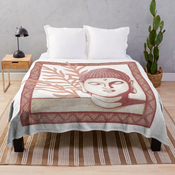 Item preview, Buddha Head Statue with Palm Fronds Watercolor - Ruby, Dove, Coral designed and sold by Irene Estelle.