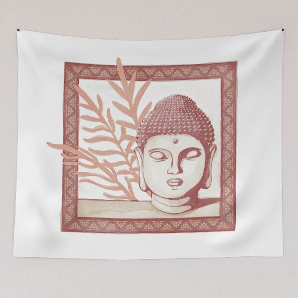 Item preview, Buddha Head Statue with Palm Fronds Watercolor - Ruby, Dove, Coral designed and sold by Irene Estelle.