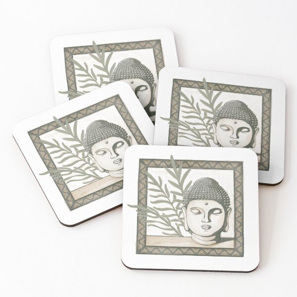Item preview, Buddha Head Statue with Palm Fronds Watercolor - Pine, Dove, Sage designed and sold by Irene Estelle.