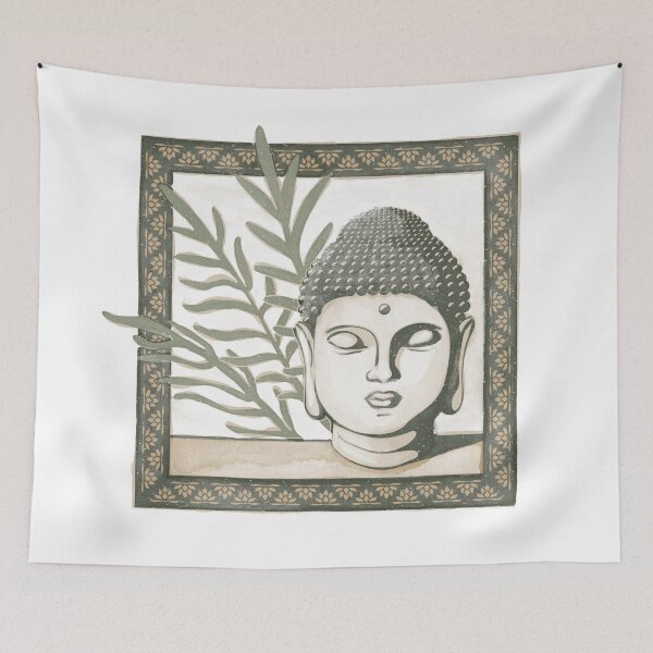 Item preview, Buddha Head Statue with Palm Fronds Watercolor - Pine, Dove, Sage designed and sold by Irene Estelle.