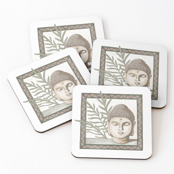 Item preview, Buddha Head Statue with Palm Fronds Watercolor - Earth, Fawn, Sage designed and sold by Irene Estelle.