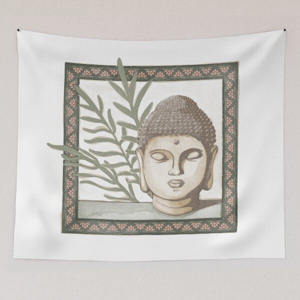 Item preview, Buddha Head Statue with Palm Fronds Watercolor - Earth, Fawn, Sage designed and sold by Irene Estelle.