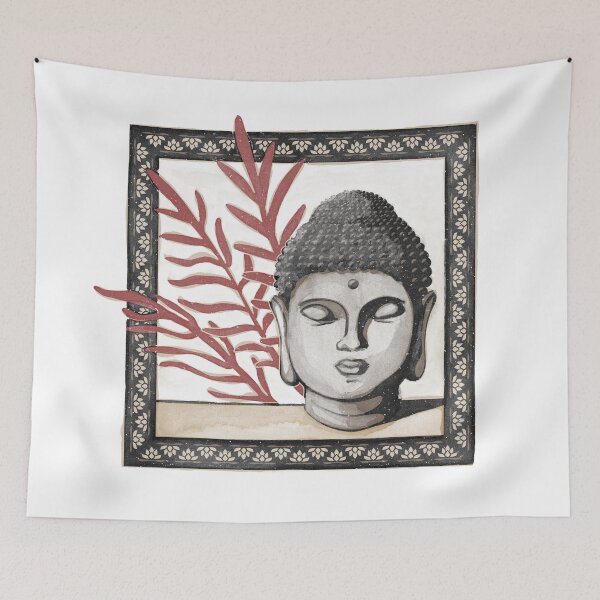 Item preview, Buddha Head Statue with Palm Fronds Watercolor - Coal, Earth, Ruby designed and sold by Irene Estelle.