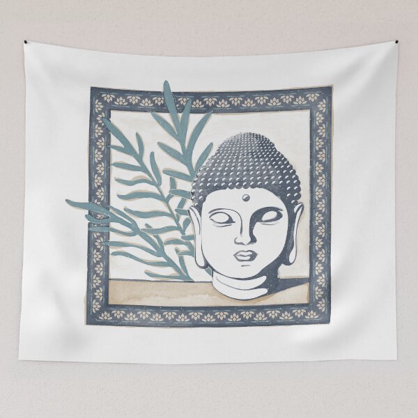 Item preview, Buddha Head Statue with Palm Fronds Watercolor - Dusk, Fawn, Peacock designed and sold by Irene Estelle.