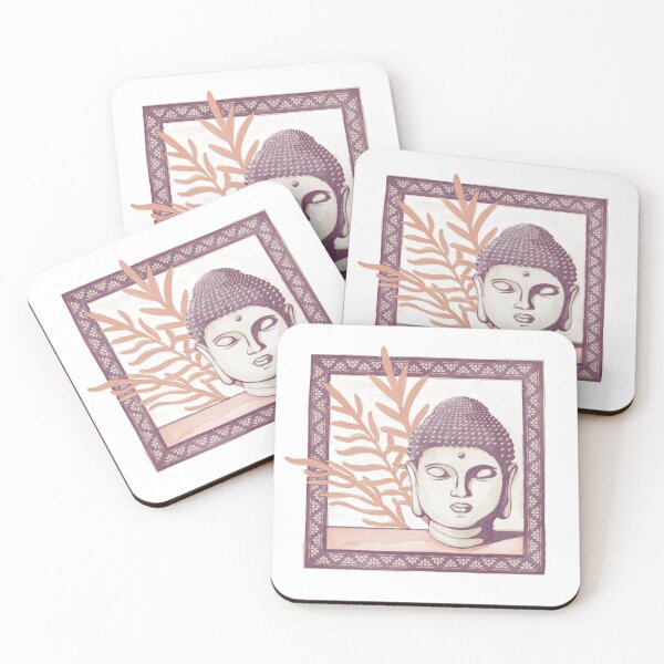 Item preview, Buddha Head Statue with Palm Fronds Watercolor - Beet, Dove, Coral designed and sold by Irene Estelle.