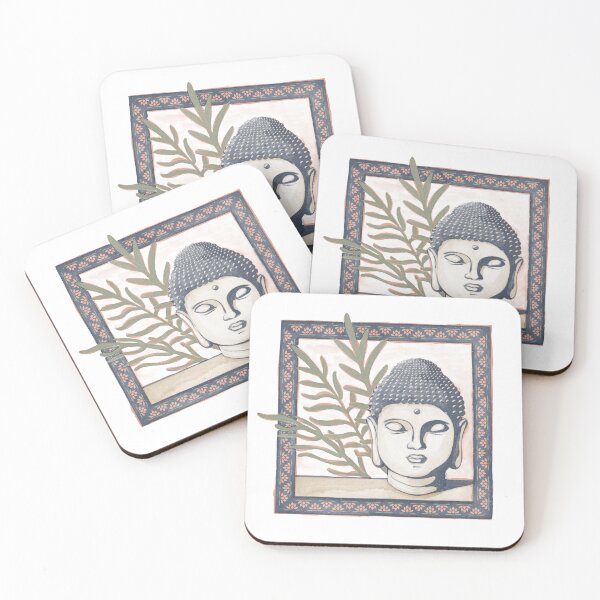 Item preview, Buddha Head Statue with Palm Fronds Watercolor - Dusk, Fawn, Sage designed and sold by Irene Estelle.