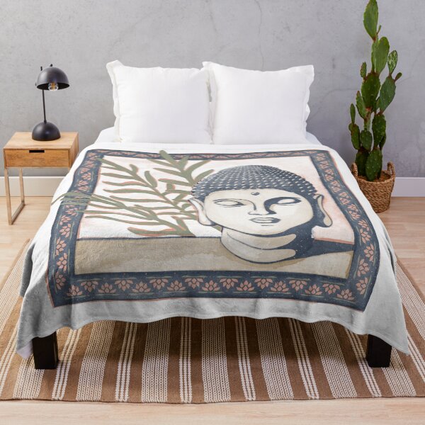 Item preview, Buddha Head Statue with Palm Fronds Watercolor - Dusk, Fawn, Sage designed and sold by Irene Estelle.