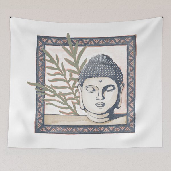 Item preview, Buddha Head Statue with Palm Fronds Watercolor - Dusk, Fawn, Sage designed and sold by Irene Estelle.