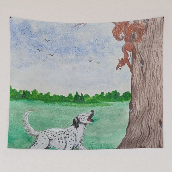 Item preview, Chippy and Missy hurry up the tree to escape from the dog  designed and sold by Matt Starr Fine Art .