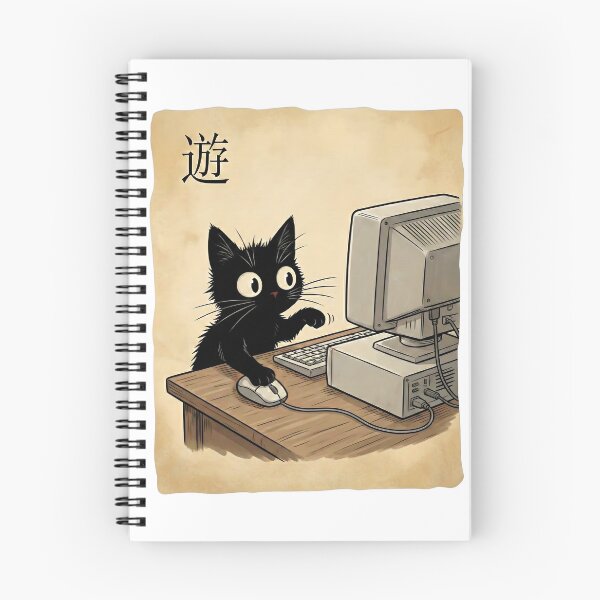 Item preview, Curious Cat at Computer - Cute Black Cat Retro Art designed and sold by Fluidic-Space.