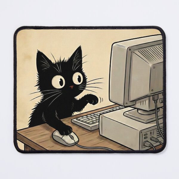 Item preview, Curious Cat at Computer - Cute Black Cat Retro Art designed and sold by Fluidic-Space.