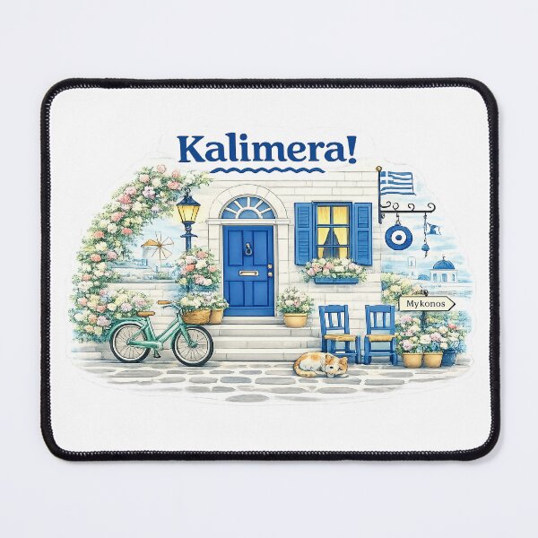 Item preview, Cozy Mykonos Street with Sleeping Cat Illustration designed and sold by StrayaDesign.