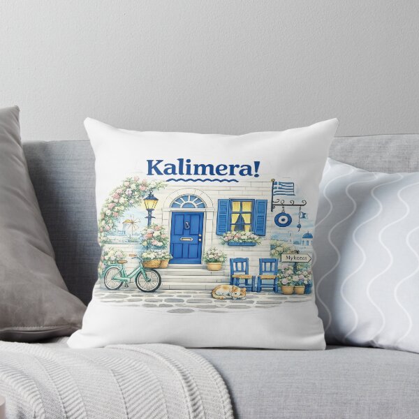 Item preview, Cozy Mykonos Street with Sleeping Cat Illustration designed and sold by StrayaDesign.