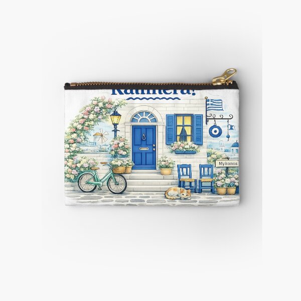Item preview, Cozy Mykonos Street with Sleeping Cat Illustration designed and sold by StrayaDesign.