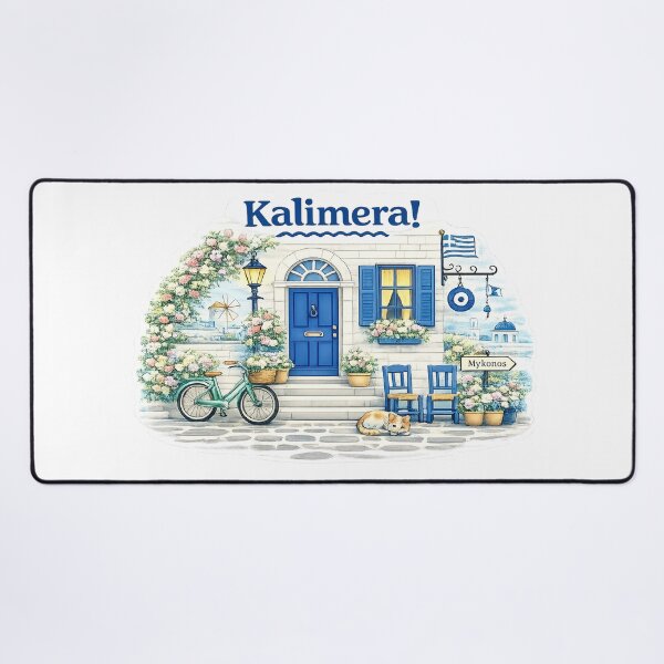 Item preview, Cozy Mykonos Street with Sleeping Cat Illustration designed and sold by StrayaDesign.