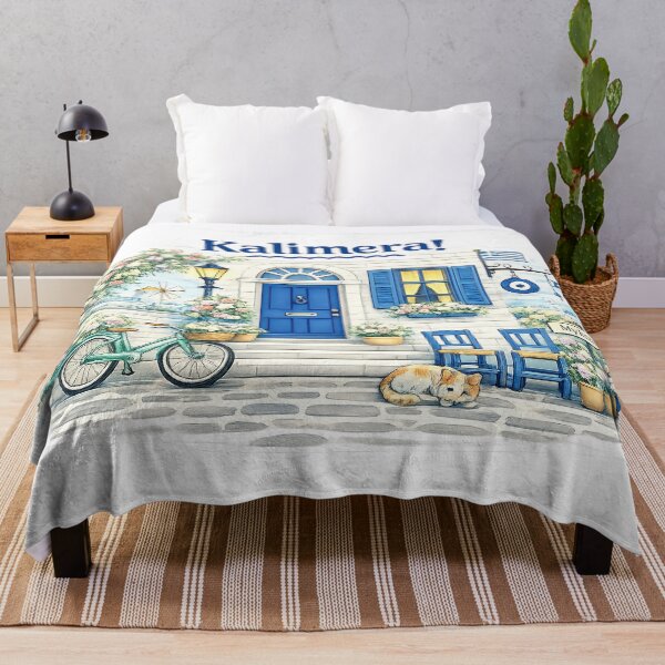 Item preview, Cozy Mykonos Street with Sleeping Cat Illustration designed and sold by StrayaDesign.