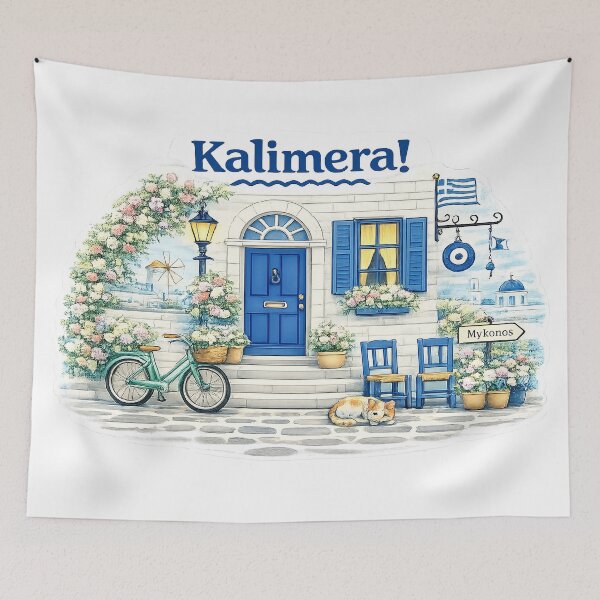 Item preview, Cozy Mykonos Street with Sleeping Cat Illustration designed and sold by StrayaDesign.