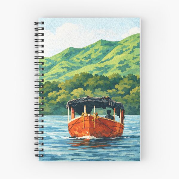 Aperçu de l'œuvre Bateau à la gouache sur les lagunes de Koyna – Peinture de conte de fées représentant le lac et les collines de Satara, Maharashtra créée et vendue par freezed-frames.