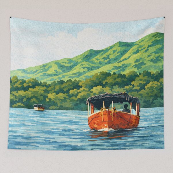 Item preview, Gouache Boat on Koyna Backwaters – Storybook Painting of Satara Lake and Hills, Maharashtra designed and sold by freezed-frames.