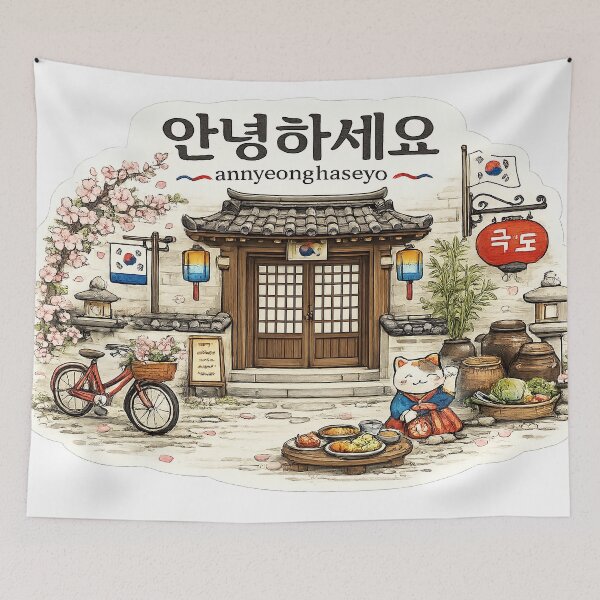 Item preview, Annyeonghaseyo – Cozy Korea Street & Lucky Cat Art designed and sold by StrayaDesign.