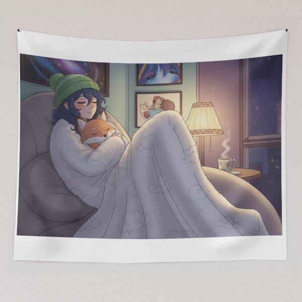 Item preview, Cozy Night Anime Girl Sleeping With Fox Art designed and sold by AbstractAuraArt.