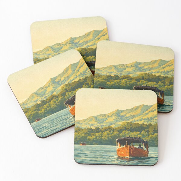 Item preview, Vintage Travel Poster Orange Boat on Koyna Backwaters – Satara Lake and Hills, Maharashtra India designed and sold by freezed-frames.