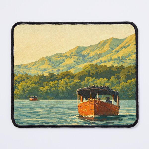 Item preview, Vintage Travel Poster Orange Boat on Koyna Backwaters – Satara Lake and Hills, Maharashtra India designed and sold by freezed-frames.
