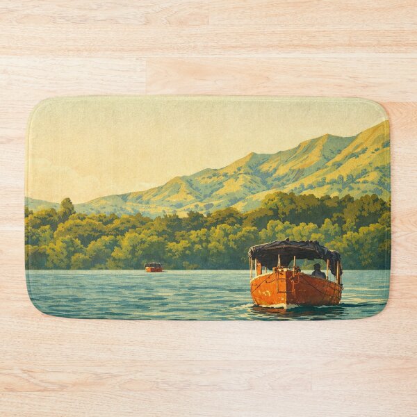 Item preview, Vintage Travel Poster Orange Boat on Koyna Backwaters – Satara Lake and Hills, Maharashtra India designed and sold by freezed-frames.