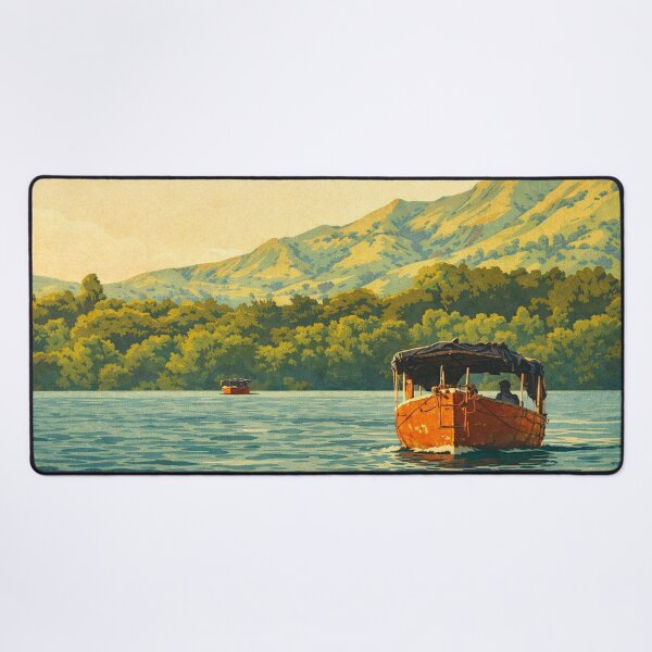 Item preview, Vintage Travel Poster Orange Boat on Koyna Backwaters – Satara Lake and Hills, Maharashtra India designed and sold by freezed-frames.
