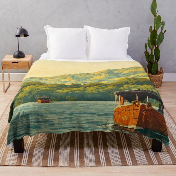 Item preview, Vintage Travel Poster Orange Boat on Koyna Backwaters – Satara Lake and Hills, Maharashtra India designed and sold by freezed-frames.