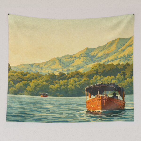 Item preview, Vintage Travel Poster Orange Boat on Koyna Backwaters – Satara Lake and Hills, Maharashtra India designed and sold by freezed-frames.