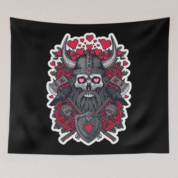 Item preview, Viking in Love Skull with Hearts and Roses designed and sold by Bone & Blade.
