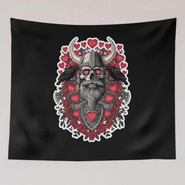 Item preview, Viking in Love Skull with Hearts and Roses designed and sold by Bone & Blade.