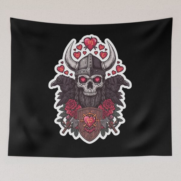 Item preview, Viking in Love Skull with Hearts and Roses designed and sold by Bone & Blade.