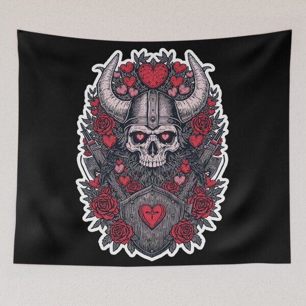 Item preview, Viking in Love Skull with Hearts and Roses designed and sold by Bone & Blade.