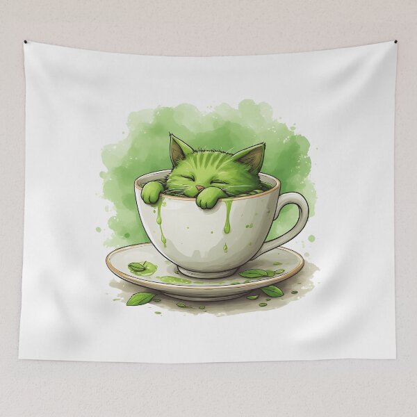 Item preview, Cute Matcha Cat in Tea Cup Kawaii Illustration designed and sold by Karolina’s Cozy Creations.
