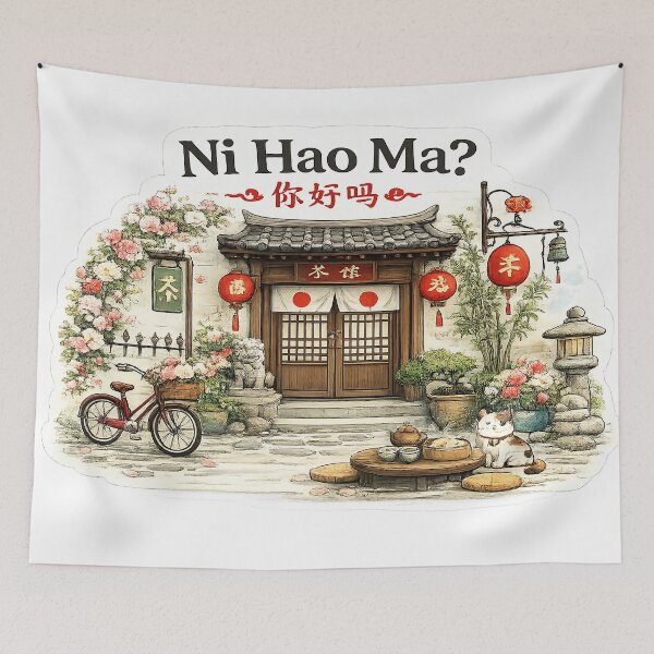 Item preview, Ni Hao Ma? Cozy Chinese Tea House Illustration designed and sold by StrayaDesign.