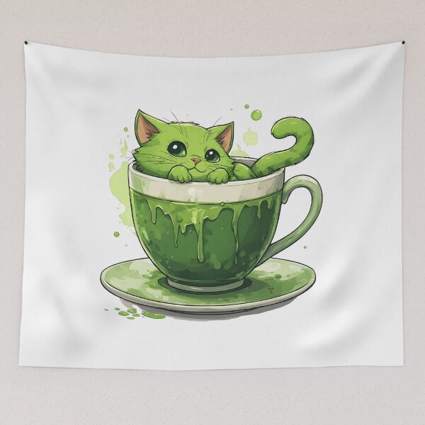 Item preview, Cute Matcha Cat in Green Tea Cup Kawaii Illustration designed and sold by Karolina’s Cozy Creations.