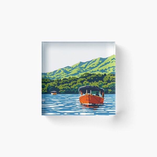 Item preview, Flat Vector Orange Boat on Koyna Backwaters – Minimalist Lake Hills Illustration Satara Maharashtra designed and sold by freezed-frames.