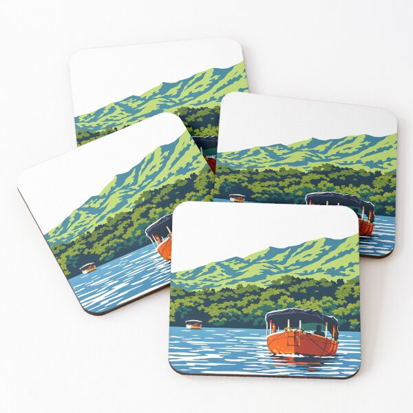 Item preview, Flat Vector Orange Boat on Koyna Backwaters – Minimalist Lake Hills Illustration Satara Maharashtra designed and sold by freezed-frames.