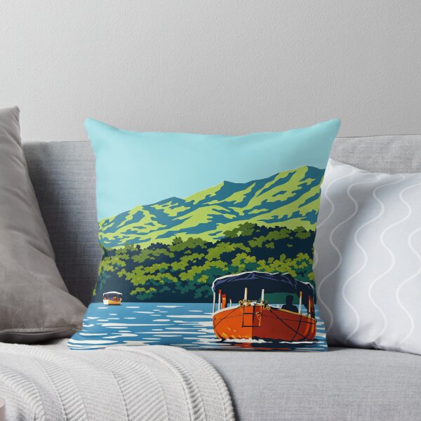 Item preview, Flat Vector Orange Boat on Koyna Backwaters – Minimalist Lake Hills Illustration Satara Maharashtra designed and sold by freezed-frames.