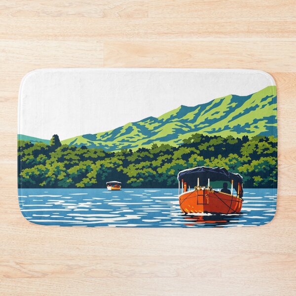 Item preview, Flat Vector Orange Boat on Koyna Backwaters – Minimalist Lake Hills Illustration Satara Maharashtra designed and sold by freezed-frames.
